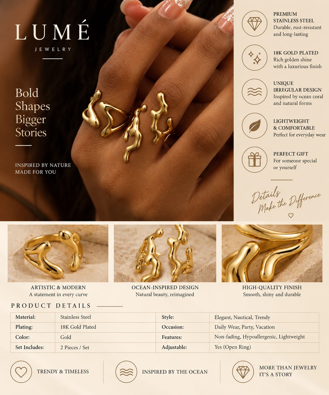 Ocean-Inspired Gold Statement Ring Set