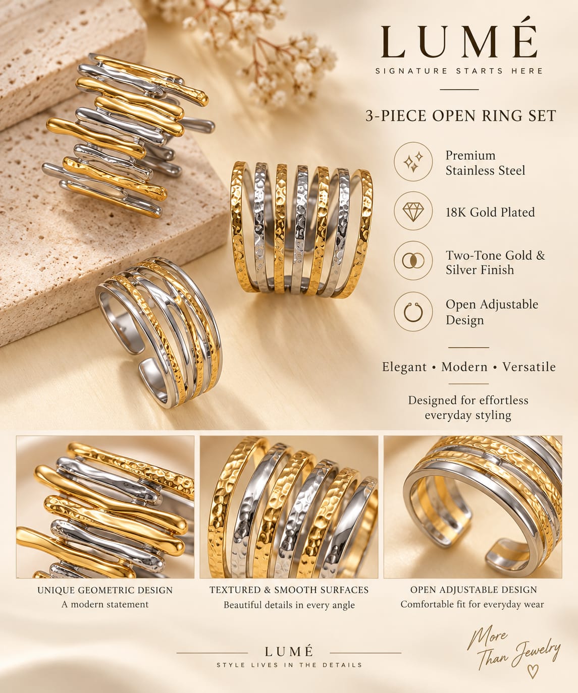 3-Piece Open Ring Set