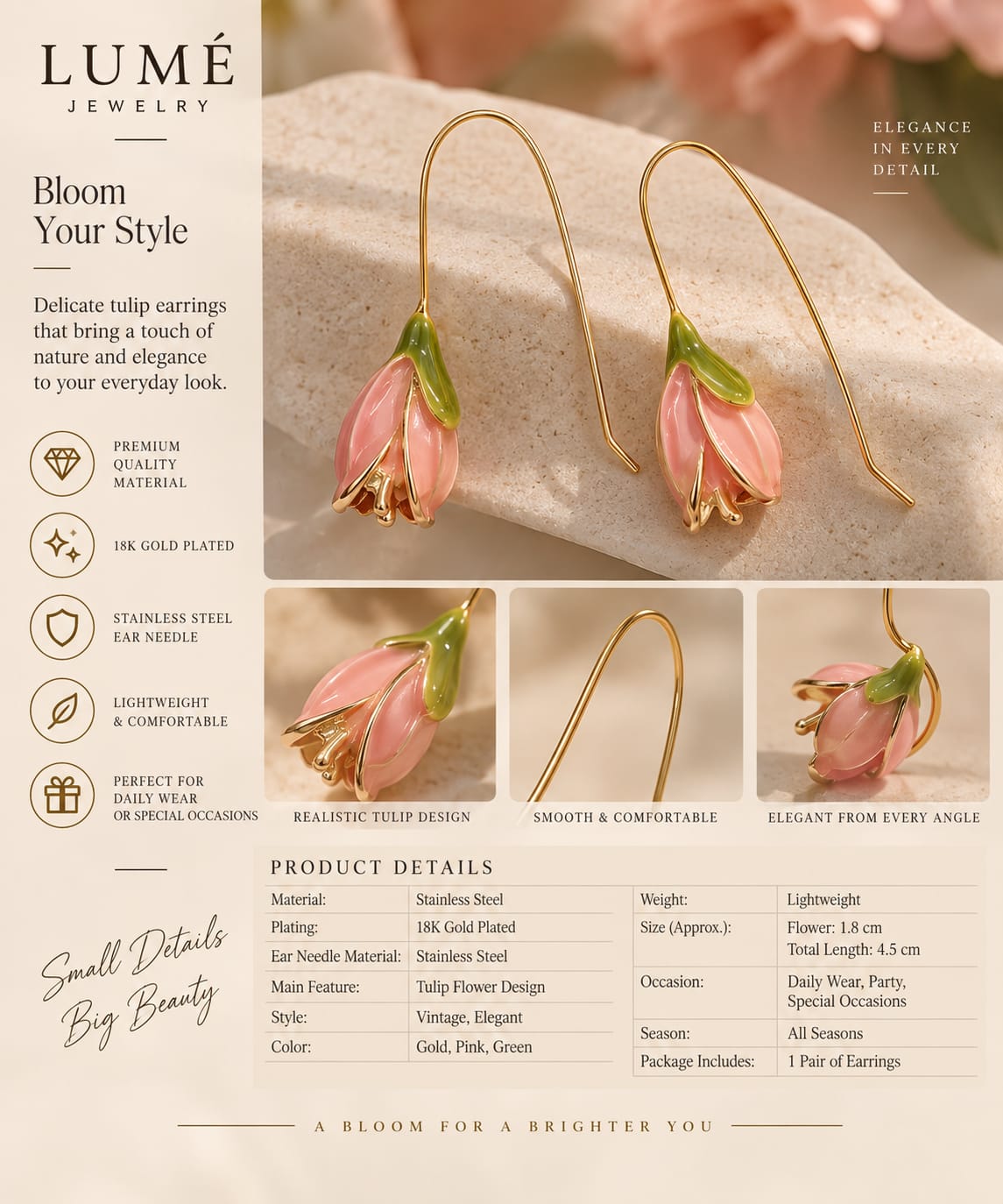 Pink Tulip Drop Earrings