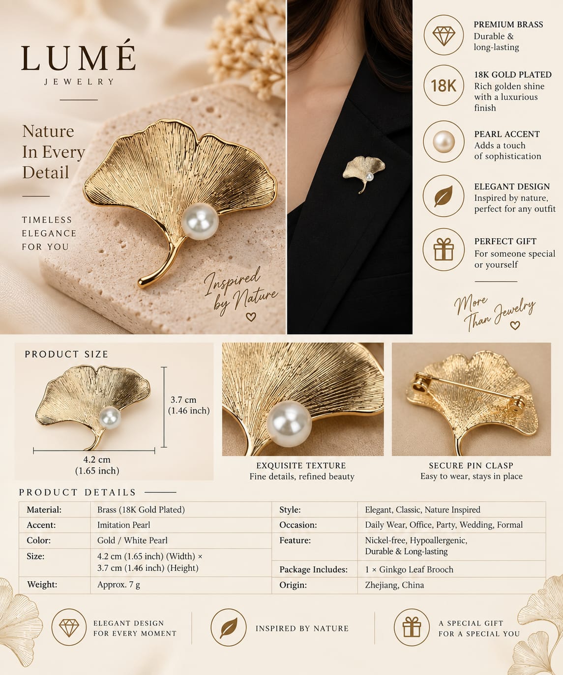 Ginkgo Leaf Pearl Brooch