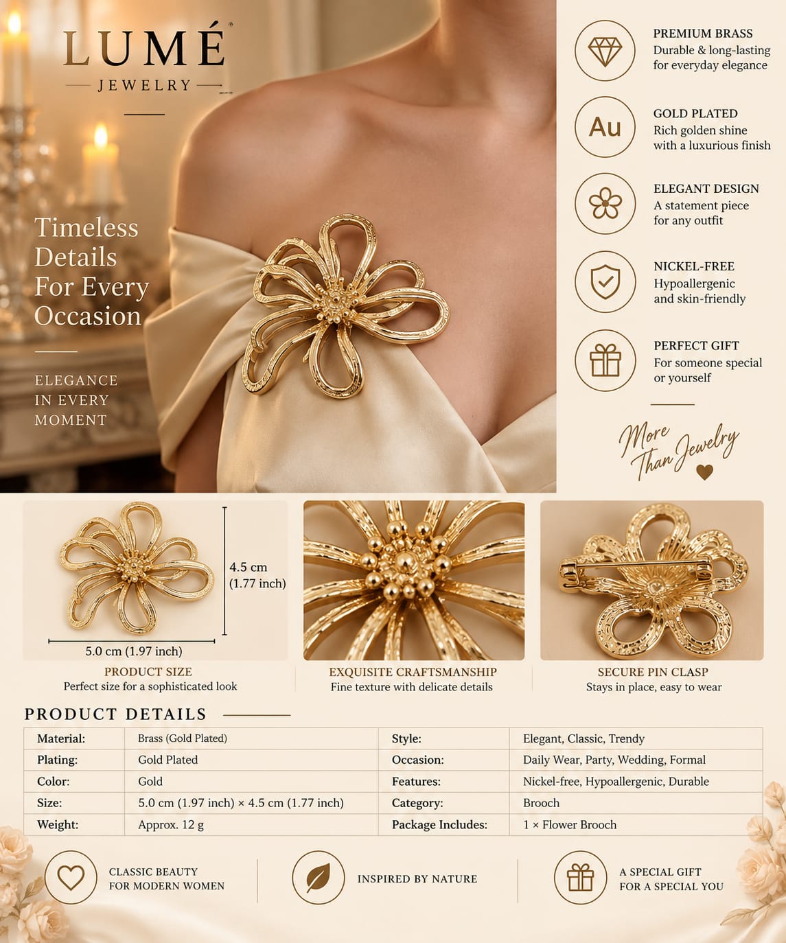 Golden Bloom Floral Brooch
